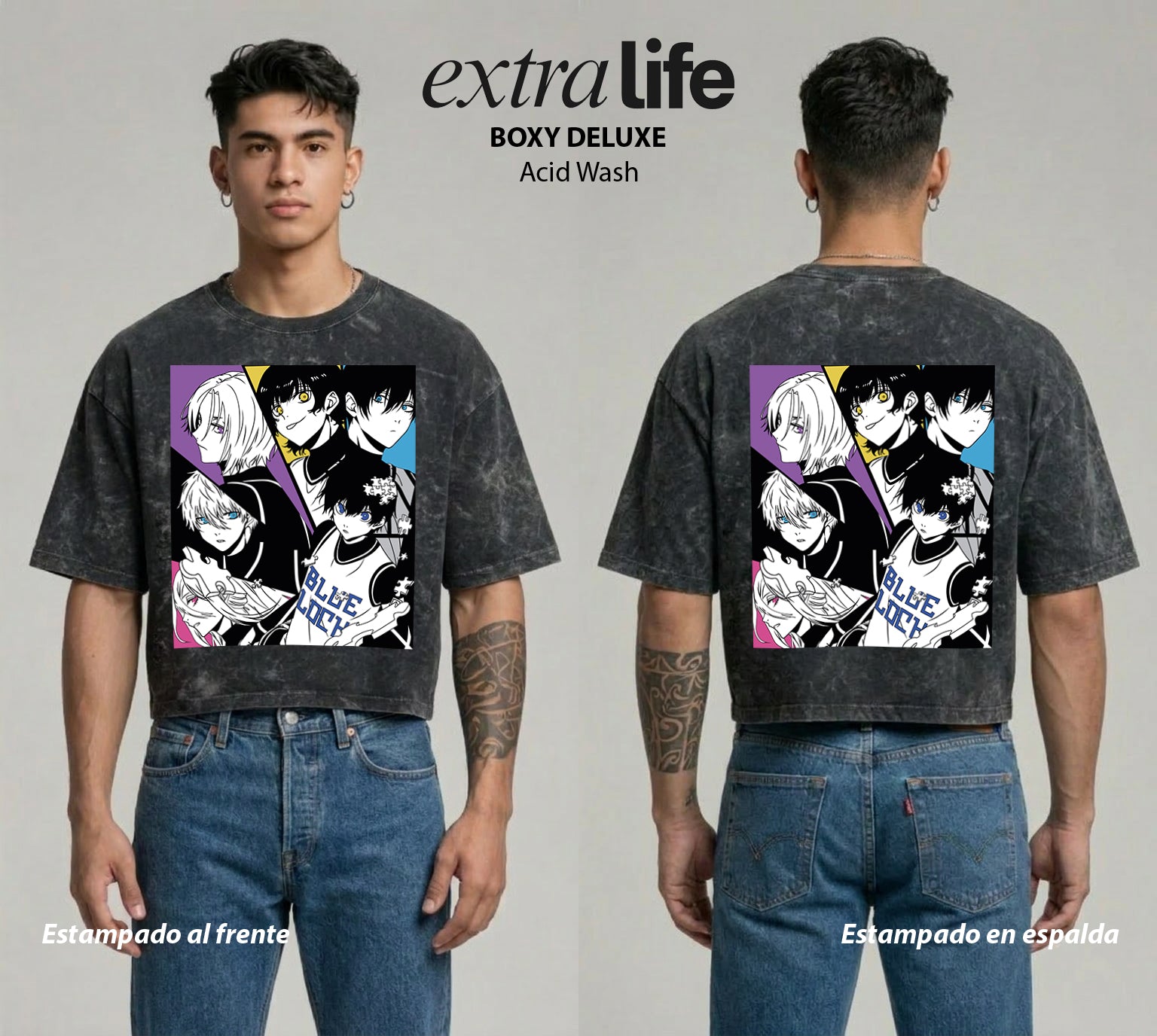 Playera streetwear premium de anime y gaming ExtraLife MX, corte boxy deluxe mineral wash heavyweight en color Acid Wash, moda urbana mexicana de culto.