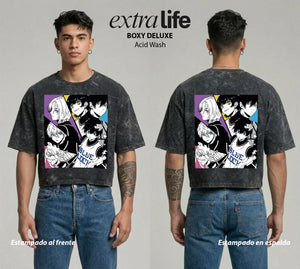 Playera streetwear premium de anime y gaming ExtraLife MX, corte boxy deluxe mineral wash heavyweight en color Acid Wash, moda urbana mexicana de culto.
