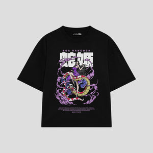 Playera streetwear premium de anime y gaming ExtraLife MX, corte boxy oversized drop shoulder heavyweight en color Deep Black y Off-White, moda urbana mexicana de culto.