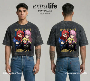 Playera streetwear premium de anime y gaming ExtraLife MX, corte boxy deluxe mineral wash heavyweight en color Acid Wash, moda urbana mexicana de culto.