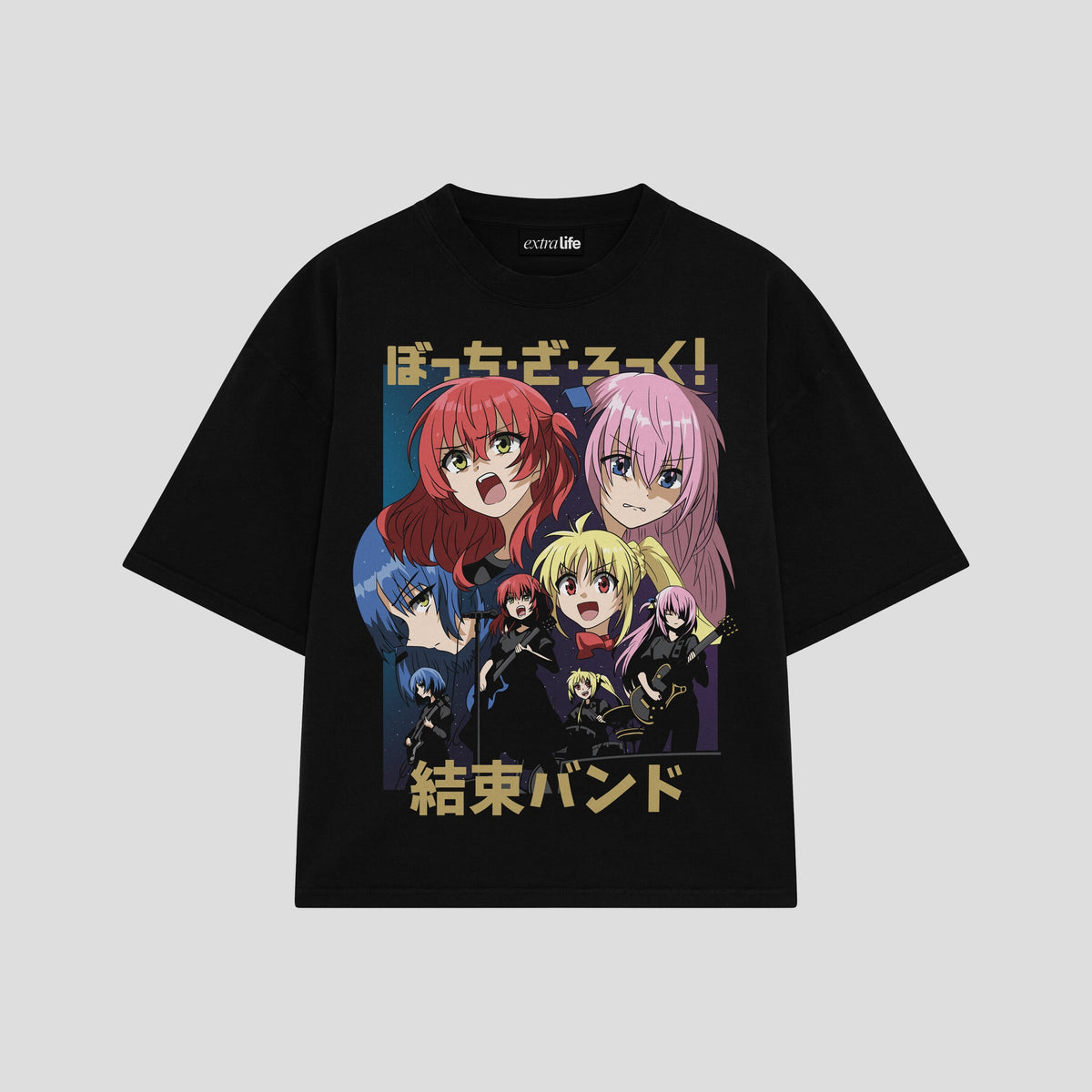 Playera streetwear premium de anime y gaming ExtraLife MX, corte oversized drop shoulder ligero y fresco en color Deep Black y Off-White, moda urbana mexicana de culto.