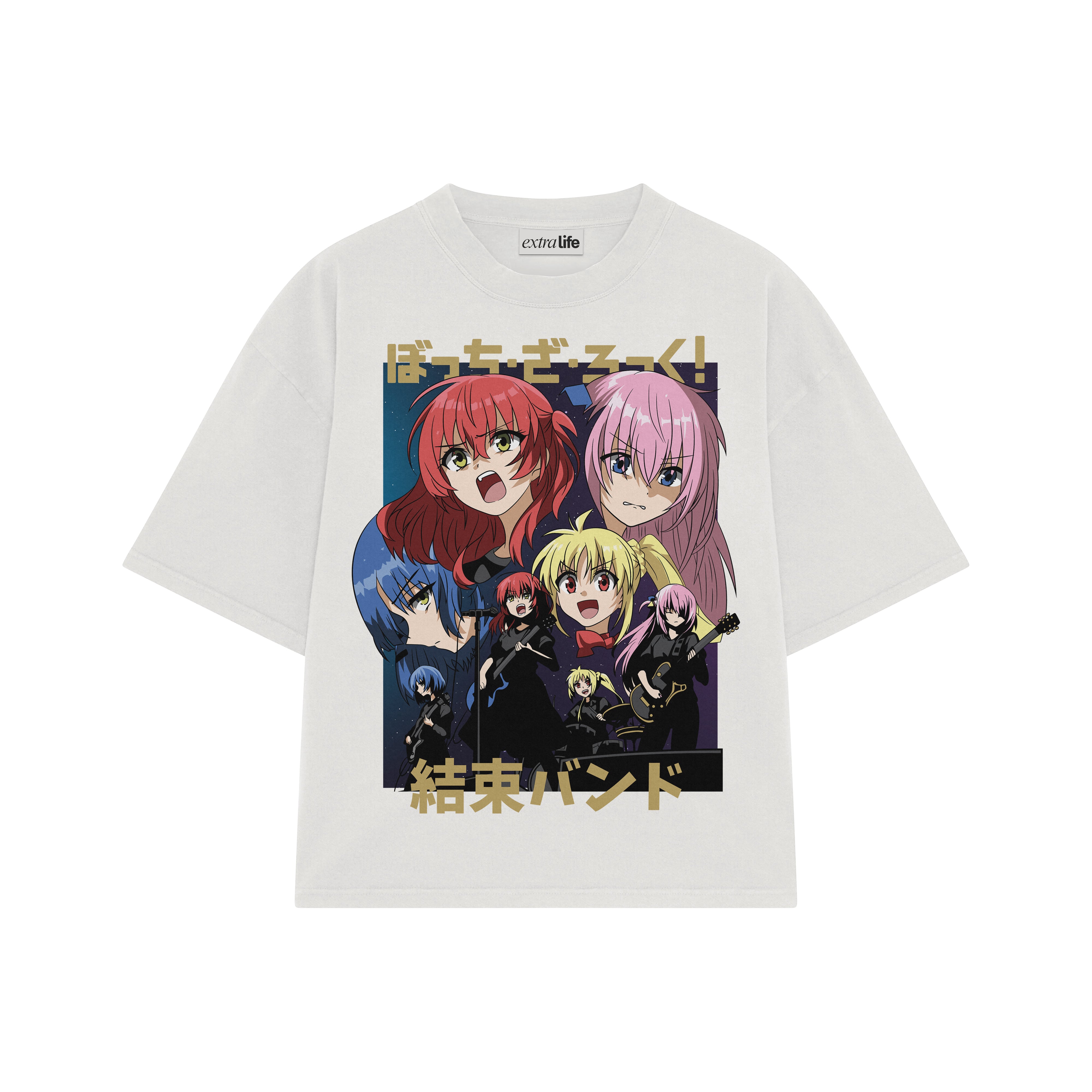Playera streetwear premium de anime y gaming ExtraLife MX, corte boxy oversized drop shoulder heavyweight en color Deep Black y Off-White, moda urbana mexicana de culto.