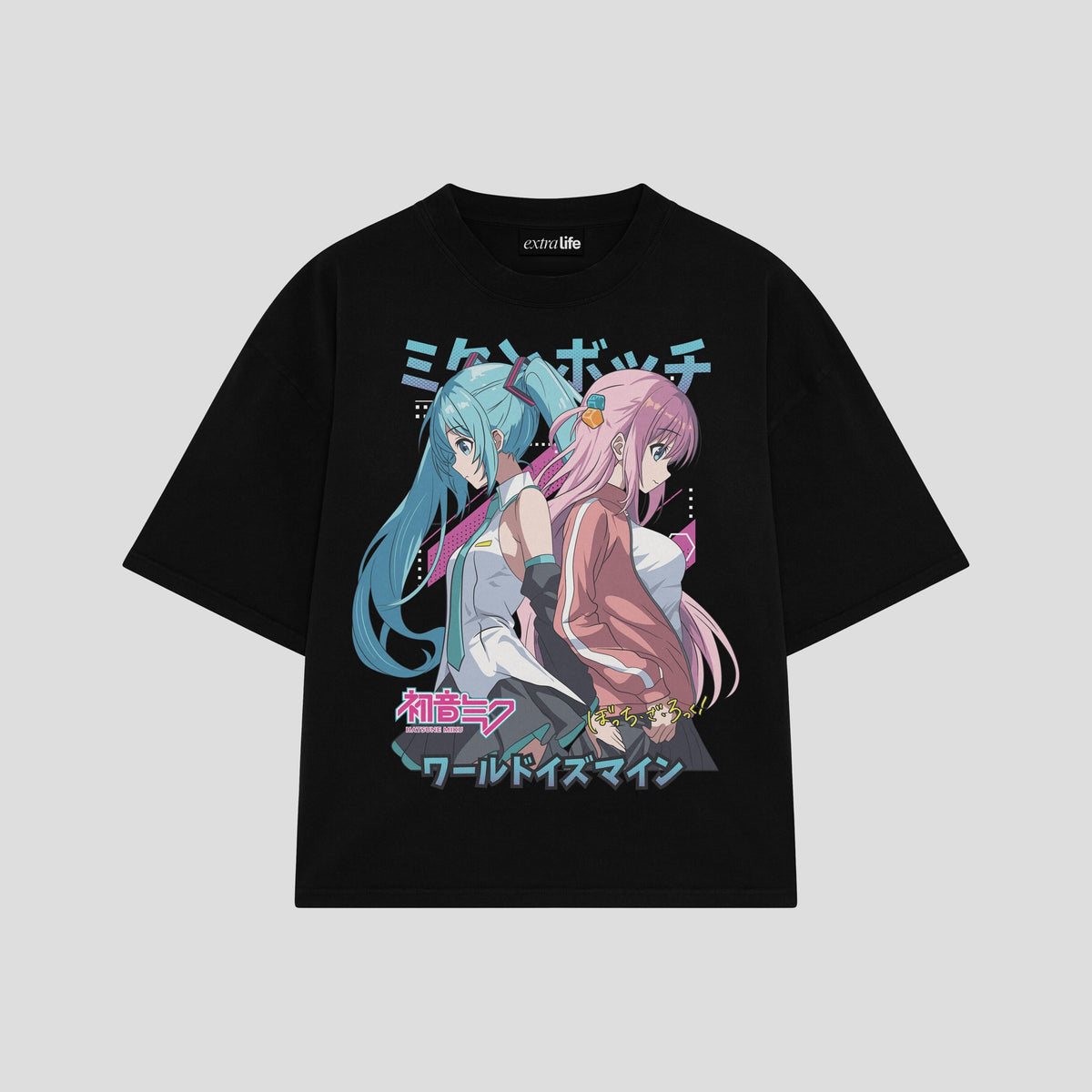 Playera streetwear premium de anime y gaming ExtraLife MX, corte oversized drop shoulder ligero y fresco en color Deep Black y Off-White, moda urbana mexicana de culto.
