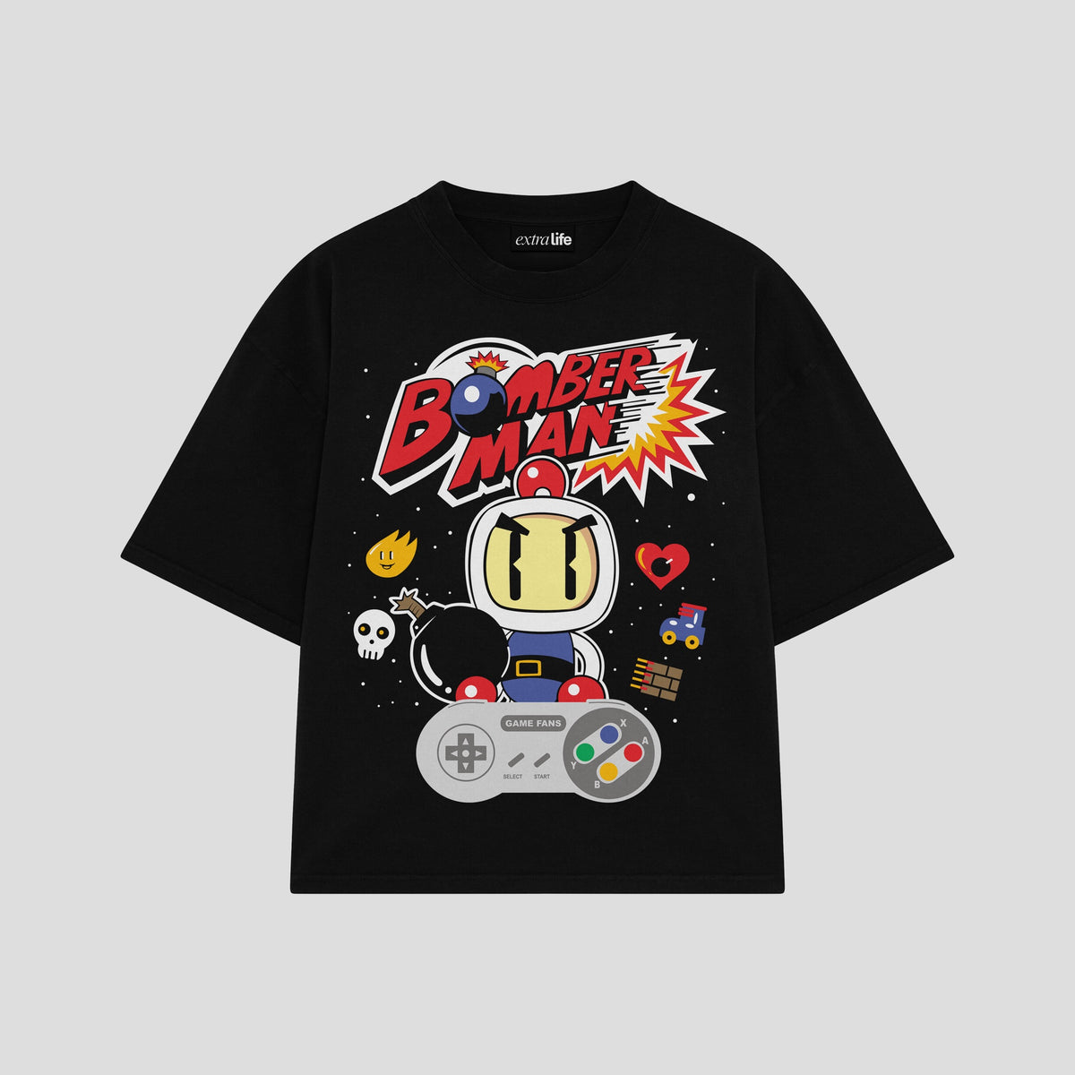 Playera streetwear premium de anime y gaming ExtraLife MX, corte oversized drop shoulder ligero y fresco en color Deep Black y Off-White, moda urbana mexicana de culto.