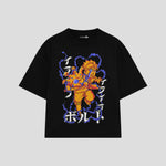 Playera streetwear premium de anime y gaming ExtraLife MX, corte boxy oversized drop shoulder heavyweight en color Deep Black y Off-White, moda urbana mexicana de culto.