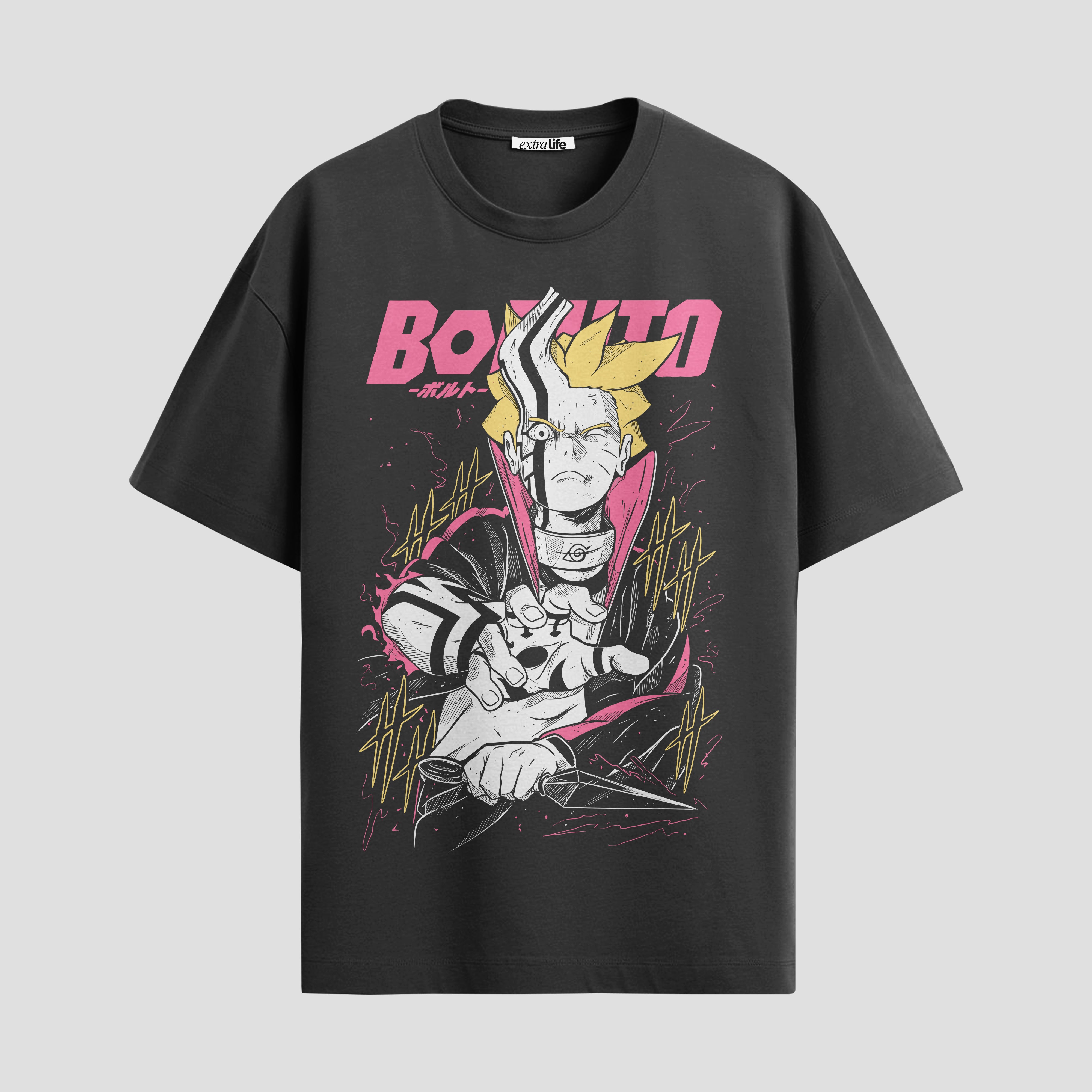Playera urbana de anime y gaming ExtraLife MX, corte Standard Fit unisex ligero y transpirable en color Deep Black y Pure White, ropa de uso diario para gym y casual.