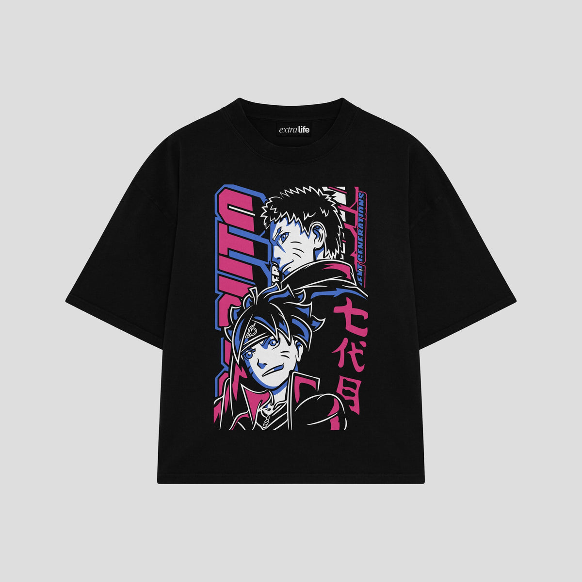 Playera streetwear premium de anime y gaming ExtraLife MX, corte oversized drop shoulder ligero y fresco en color Deep Black y Off-White, moda urbana mexicana de culto.