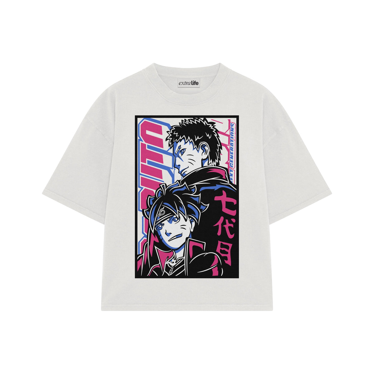 Playera streetwear premium de anime y gaming ExtraLife MX, corte oversized drop shoulder ligero y fresco en color Deep Black y Off-White, moda urbana mexicana de culto.