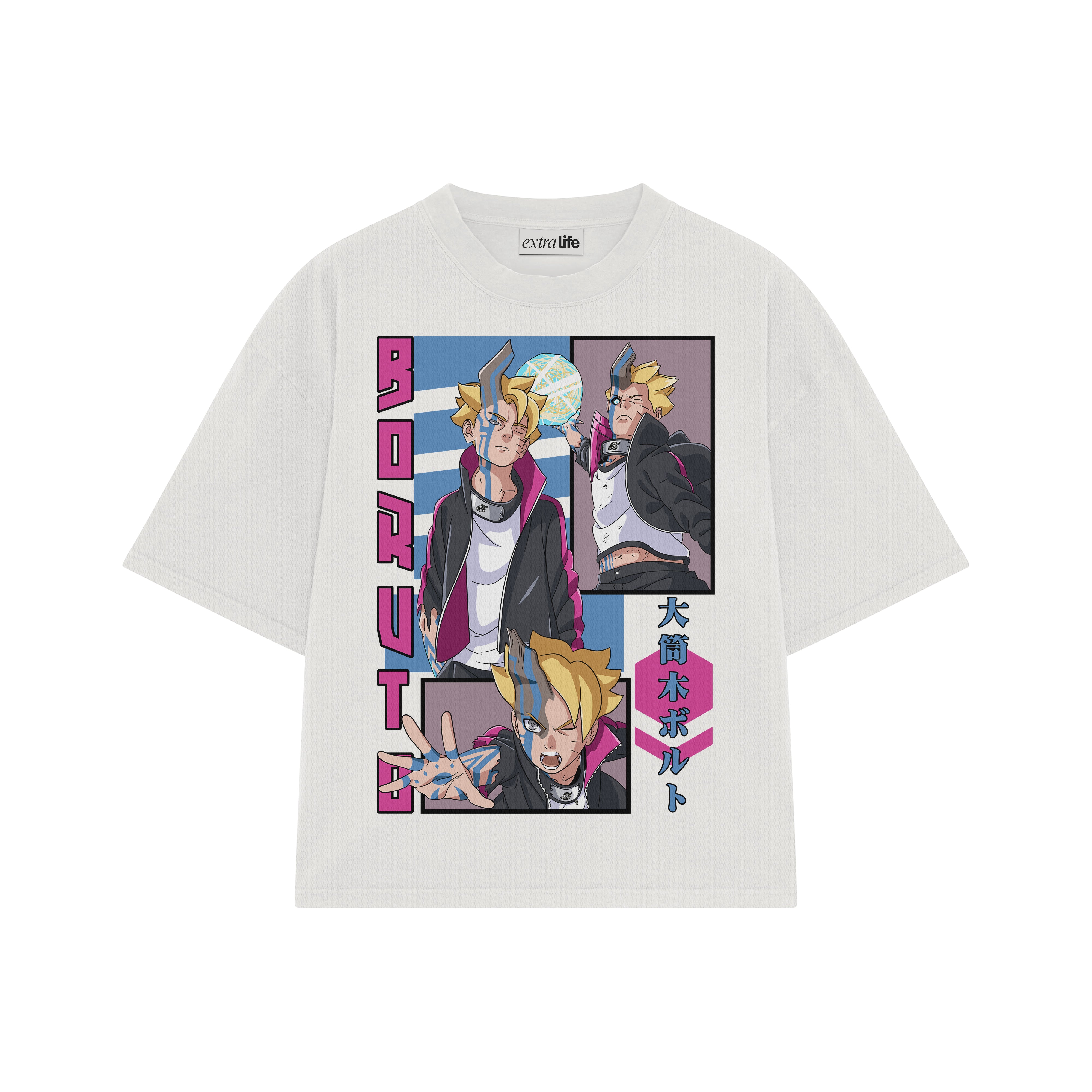 Playera streetwear premium de anime y gaming ExtraLife MX, corte boxy oversized drop shoulder heavyweight en color Deep Black y Off-White, moda urbana mexicana de culto.
