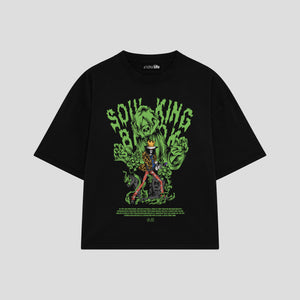Playera streetwear premium de anime y gaming ExtraLife MX, corte boxy oversized drop shoulder heavyweight en color Deep Black y Off-White, moda urbana mexicana de culto.