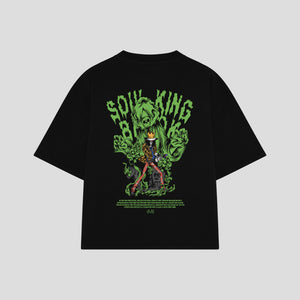 Playera streetwear premium de anime y gaming ExtraLife MX, corte boxy oversized drop shoulder heavyweight en color Deep Black y Off-White, moda urbana mexicana de culto.