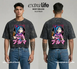 Playera streetwear premium de anime y gaming ExtraLife MX, corte boxy deluxe mineral wash heavyweight en color Acid Wash, moda urbana mexicana de culto.