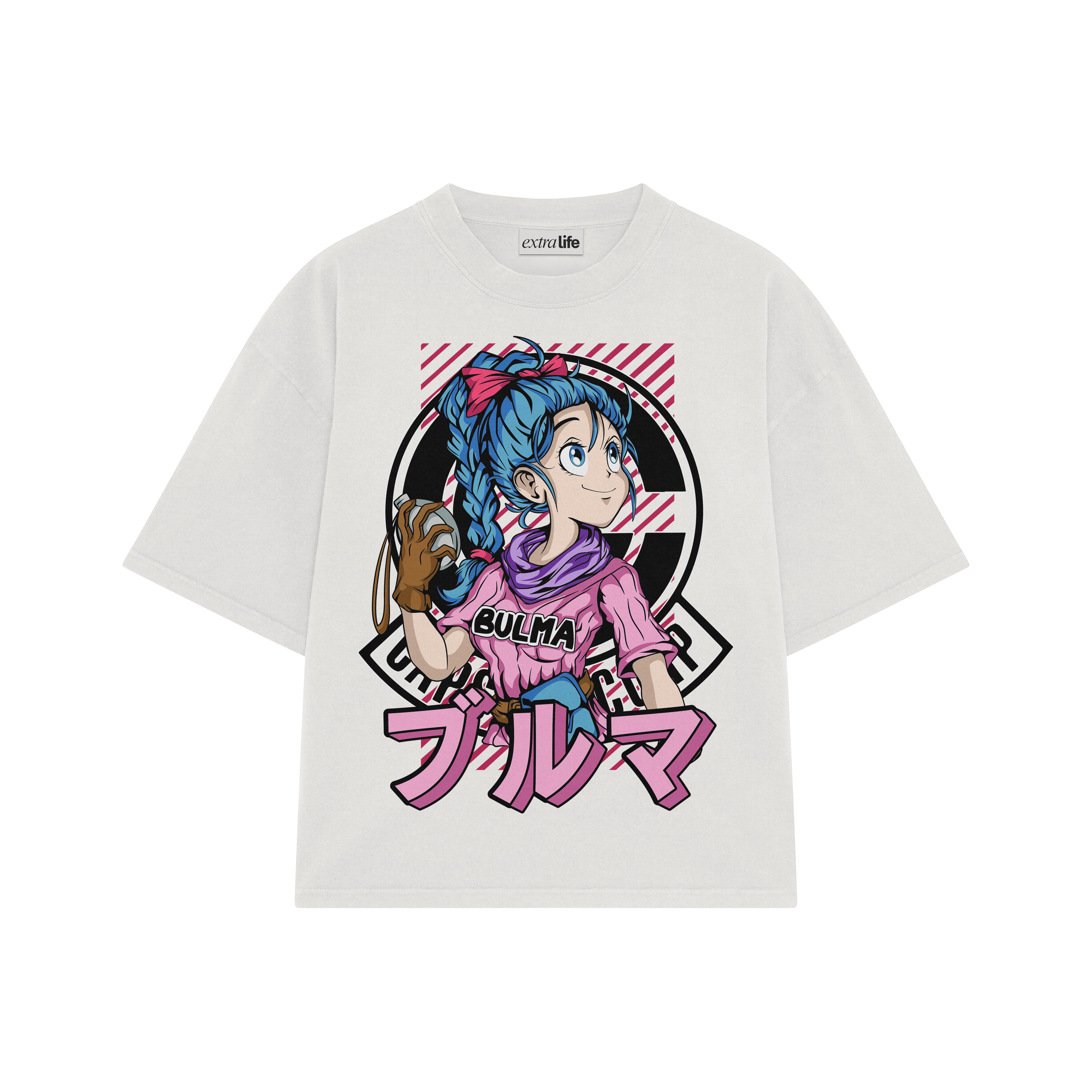 Playera streetwear premium de anime y gaming ExtraLife MX, corte boxy oversized drop shoulder heavyweight en color Deep Black y Off-White, moda urbana mexicana de culto.
