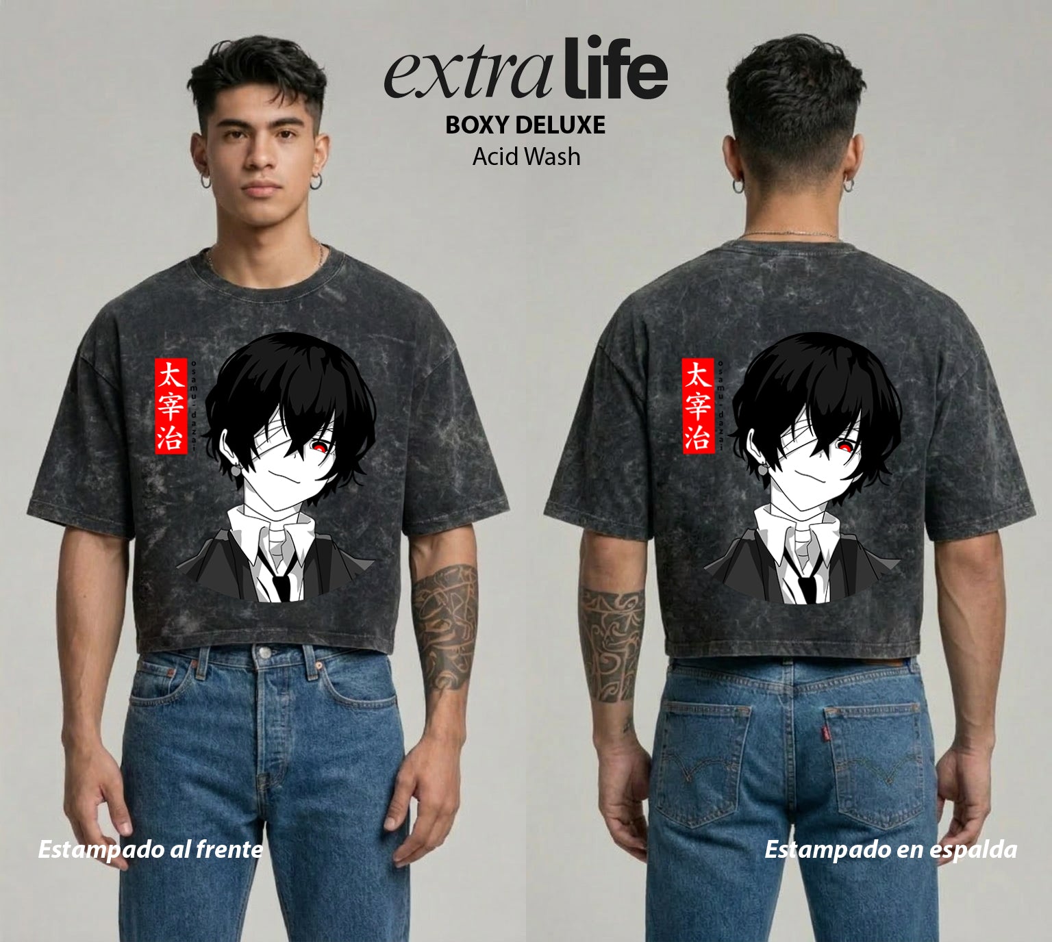 Playera streetwear premium de anime y gaming ExtraLife MX, corte boxy deluxe mineral wash heavyweight en color Acid Wash, moda urbana mexicana de culto.