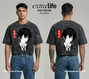 Playera streetwear premium de anime y gaming ExtraLife MX, corte boxy deluxe mineral wash heavyweight en color Acid Wash, moda urbana mexicana de culto.