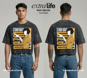 Playera streetwear premium de anime y gaming ExtraLife MX, corte boxy deluxe mineral wash heavyweight en color Acid Wash, moda urbana mexicana de culto.