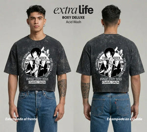 Playera streetwear premium de anime y gaming ExtraLife MX, corte boxy deluxe mineral wash heavyweight en color Acid Wash, moda urbana mexicana de culto.