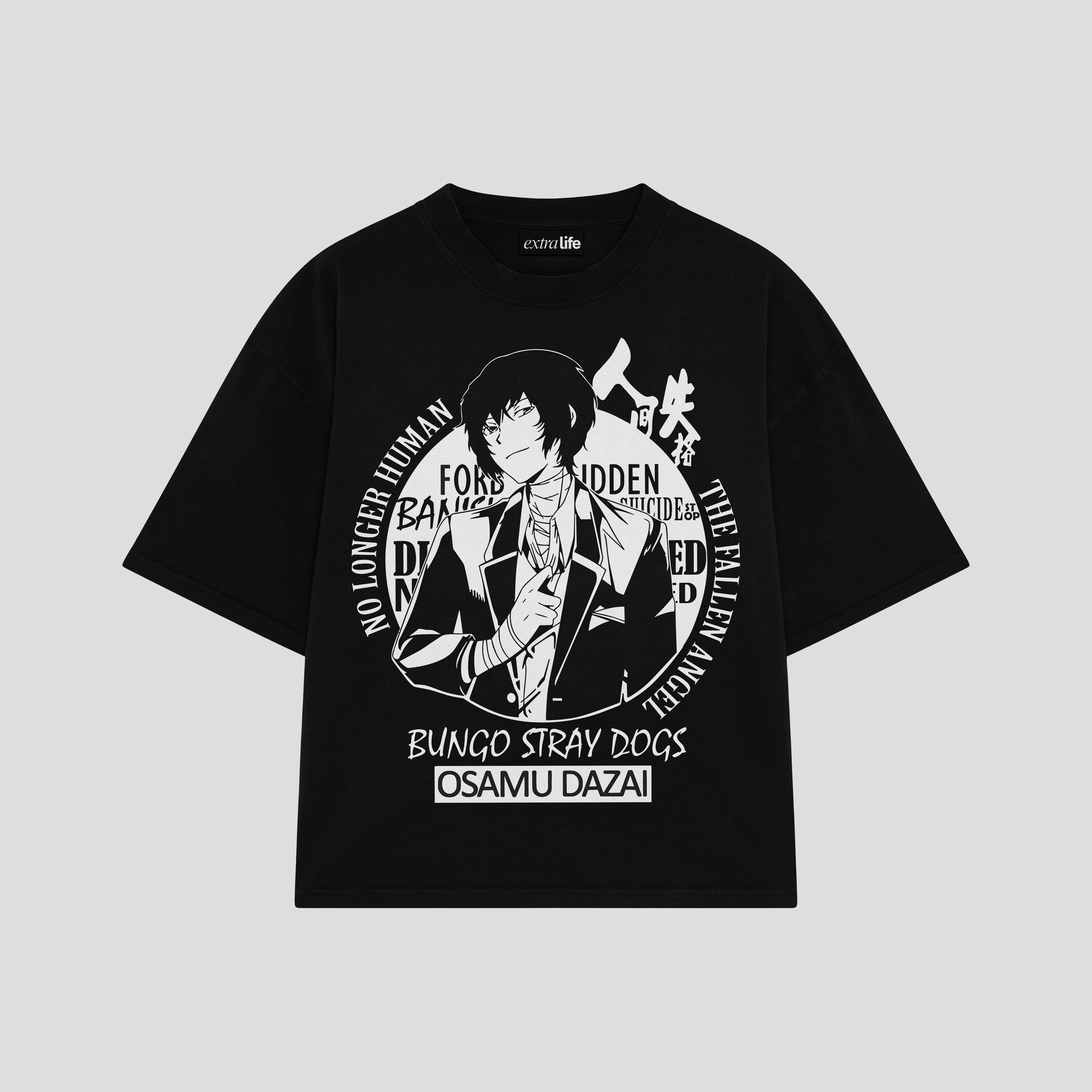 Playera streetwear premium de anime y gaming ExtraLife MX, corte boxy oversized drop shoulder heavyweight en color Deep Black y Off-White, moda urbana mexicana de culto.