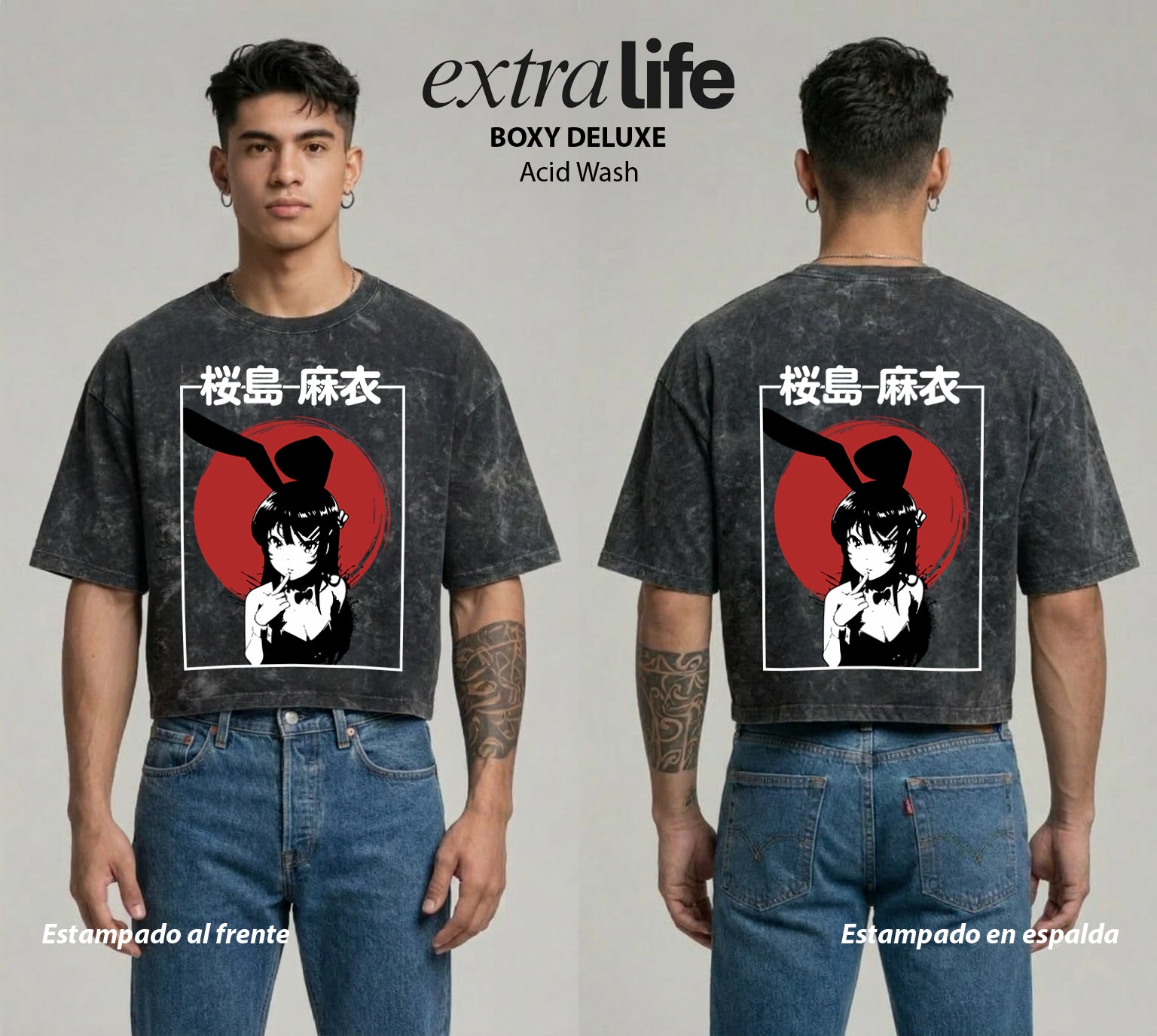 Playera streetwear premium de anime y gaming ExtraLife MX, corte boxy deluxe mineral wash heavyweight en color Acid Wash, moda urbana mexicana de culto.