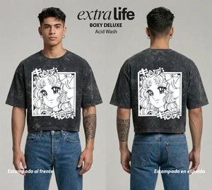 Playera streetwear premium de anime y gaming ExtraLife MX, corte boxy deluxe mineral wash heavyweight en color Acid Wash, moda urbana mexicana de culto.