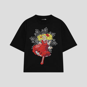Playera streetwear premium de anime y gaming ExtraLife MX, corte boxy oversized drop shoulder heavyweight en color Deep Black y Off-White, moda urbana mexicana de culto.