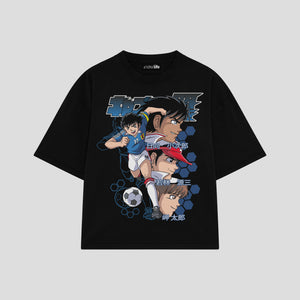 Playera streetwear premium de anime y gaming ExtraLife MX, corte boxy oversized drop shoulder heavyweight en color Deep Black y Off-White, moda urbana mexicana de culto.