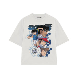 Playera streetwear premium de anime y gaming ExtraLife MX, corte boxy oversized drop shoulder heavyweight en color Deep Black y Off-White, moda urbana mexicana de culto.