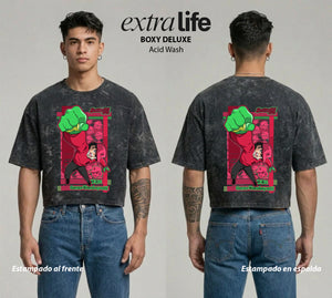 Playera streetwear premium de anime y gaming ExtraLife MX, corte boxy deluxe mineral wash heavyweight en color Acid Wash, moda urbana mexicana de culto.