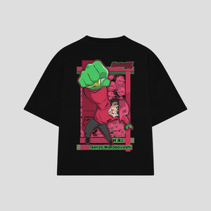 Playera streetwear premium de anime y gaming ExtraLife MX, corte boxy oversized drop shoulder heavyweight en color Deep Black y Off-White, moda urbana mexicana de culto.