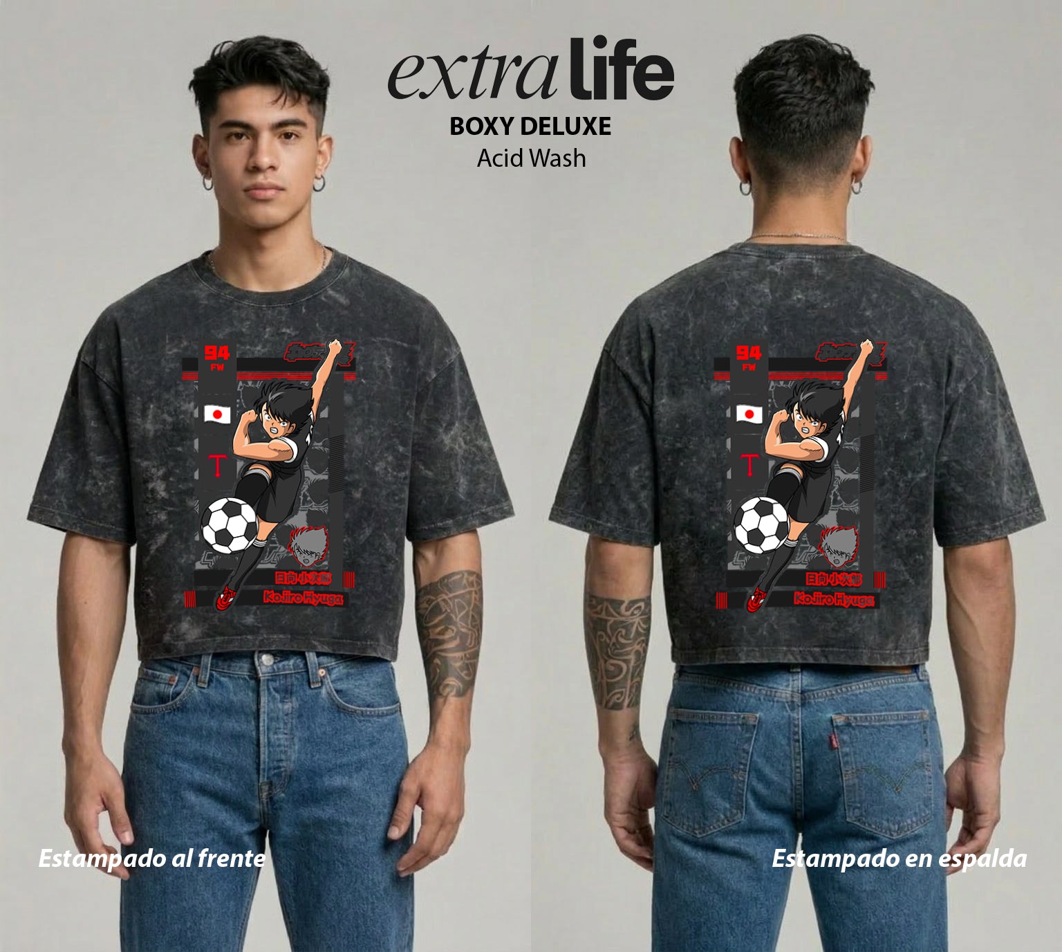 Playera streetwear premium de anime y gaming ExtraLife MX, corte boxy deluxe mineral wash heavyweight en color Acid Wash, moda urbana mexicana de culto.