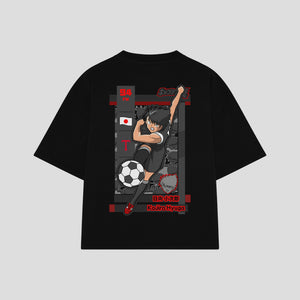 Playera streetwear premium de anime y gaming ExtraLife MX, corte boxy oversized drop shoulder heavyweight en color Deep Black y Off-White, moda urbana mexicana de culto.