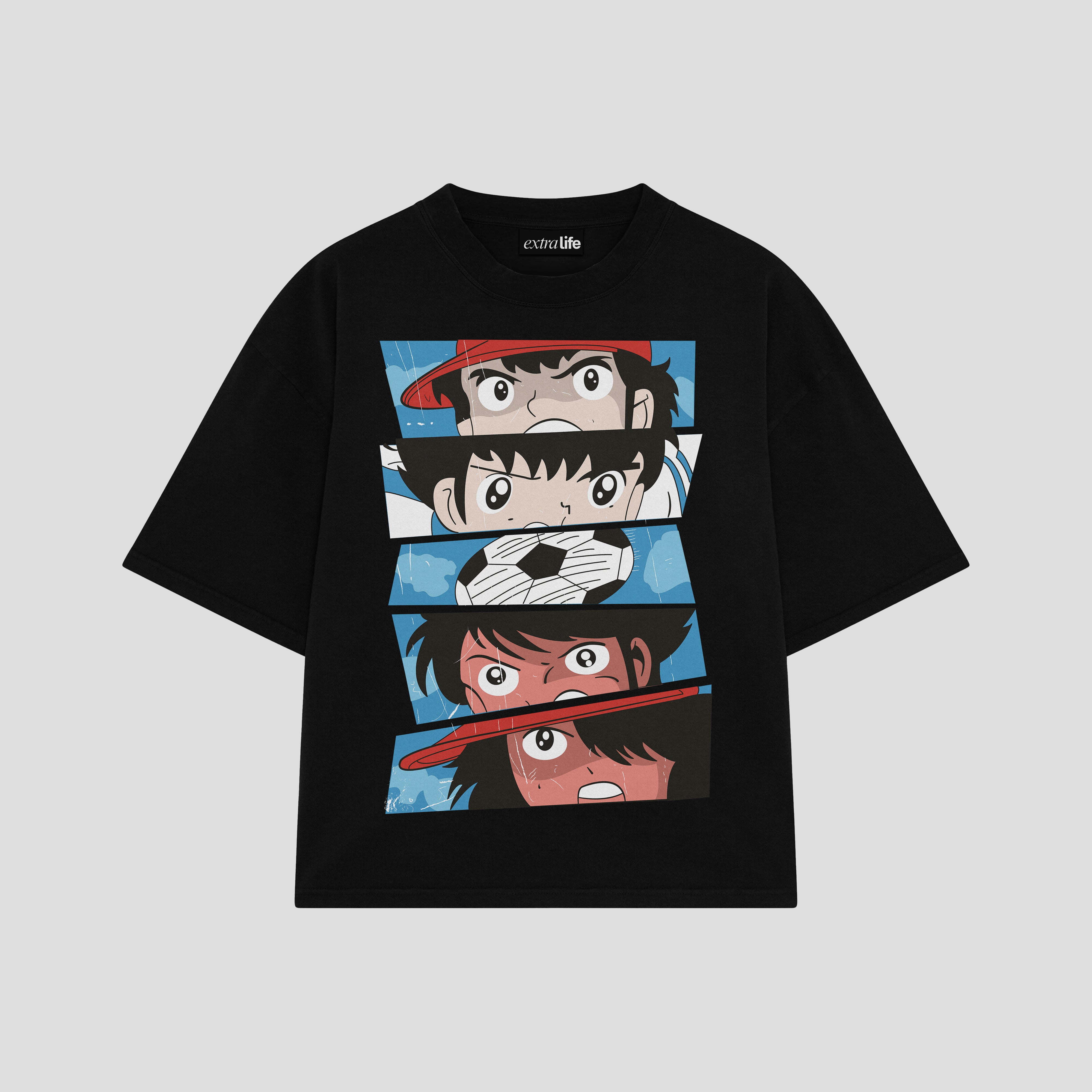 Playera streetwear premium de anime y gaming ExtraLife MX, corte boxy oversized drop shoulder heavyweight en color Deep Black y Off-White, moda urbana mexicana de culto.