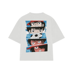 Playera streetwear premium de anime y gaming ExtraLife MX, corte boxy oversized drop shoulder heavyweight en color Deep Black y Off-White, moda urbana mexicana de culto.