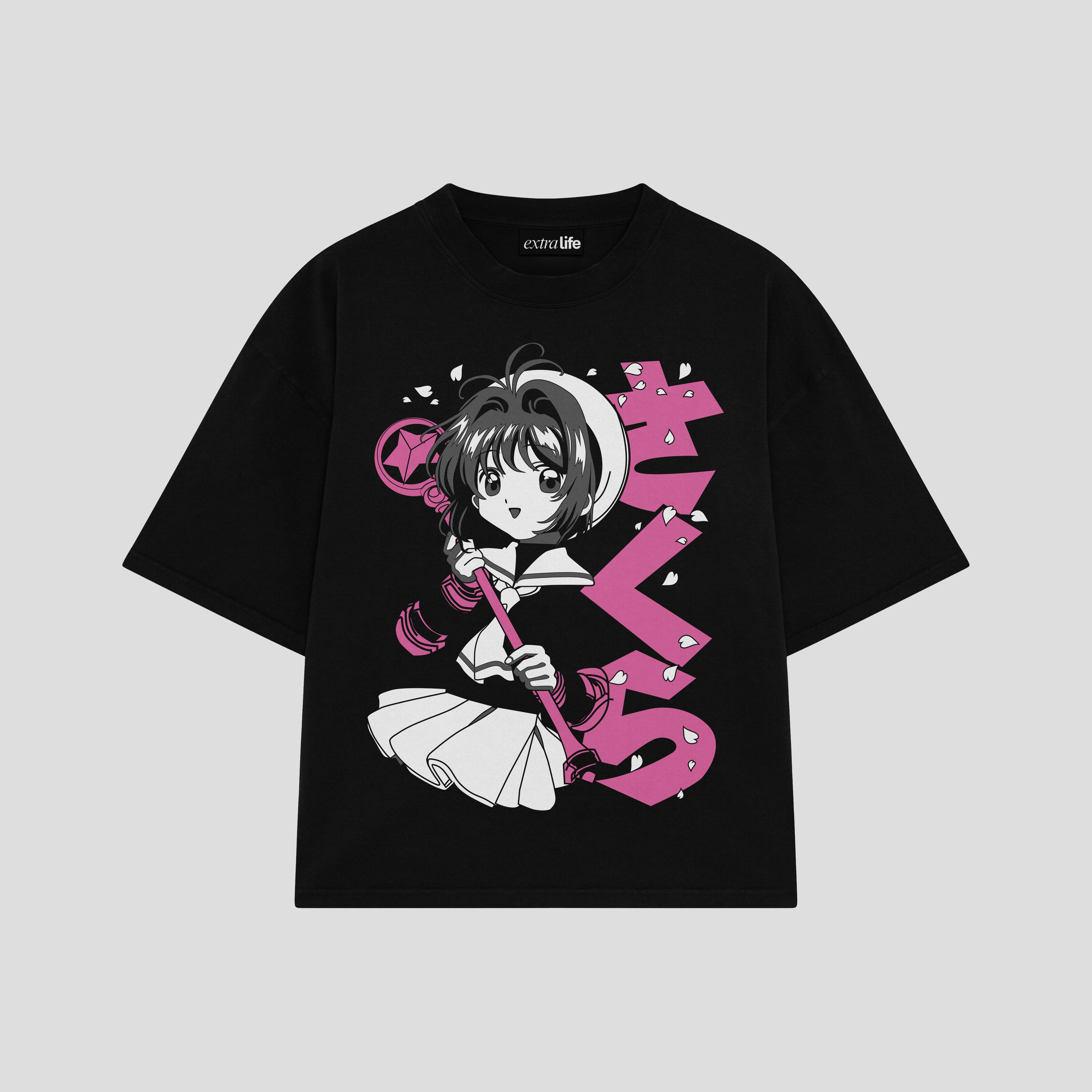 Playera streetwear premium de anime y gaming ExtraLife MX, corte boxy oversized drop shoulder heavyweight en color Deep Black y Off-White, moda urbana mexicana de culto.