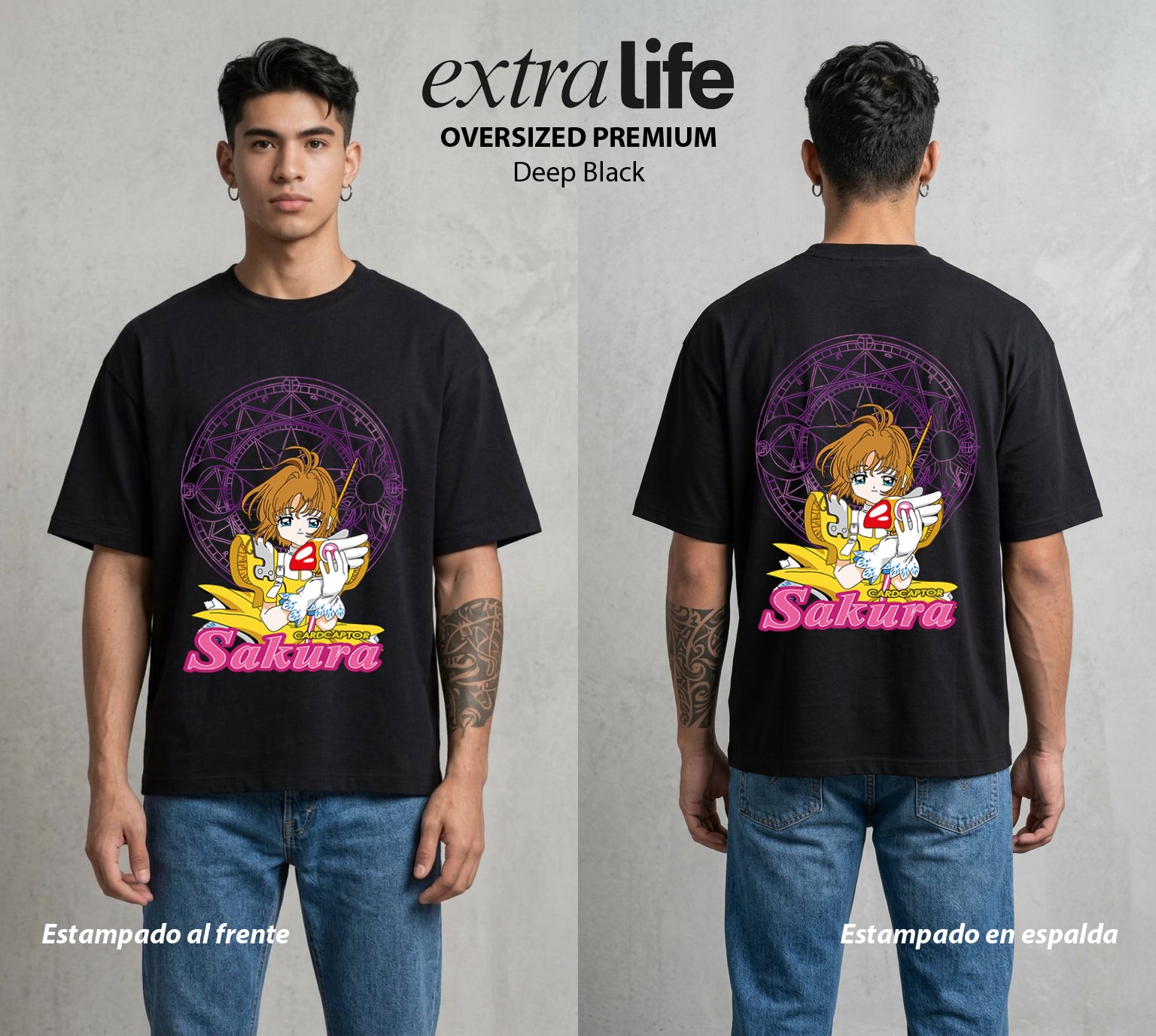 Las Cartas del Viento | La Clow del Corazon #00366 - Playera Oversized Premium | Deep Black - Foto en modelo