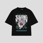 Playera streetwear premium de anime y gaming ExtraLife MX, corte boxy oversized drop shoulder heavyweight en color Deep Black y Off-White, moda urbana mexicana de culto.