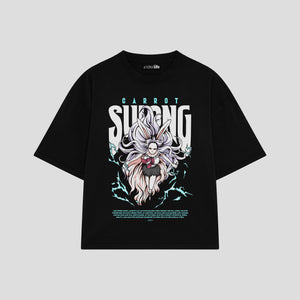 Playera streetwear premium de anime y gaming ExtraLife MX, corte boxy oversized drop shoulder heavyweight en color Deep Black y Off-White, moda urbana mexicana de culto.