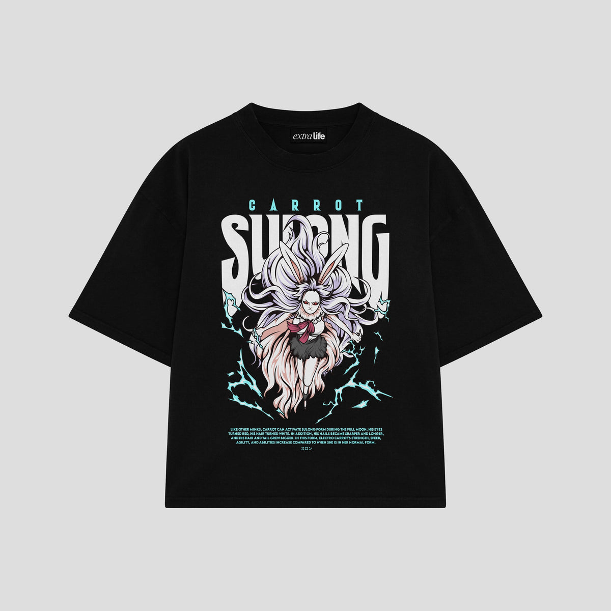 Playera streetwear premium de anime y gaming ExtraLife MX, corte oversized drop shoulder ligero y fresco en color Deep Black y Off-White, moda urbana mexicana de culto.