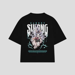 Playera streetwear premium de anime y gaming ExtraLife MX, corte boxy oversized drop shoulder heavyweight en color Deep Black y Off-White, moda urbana mexicana de culto.