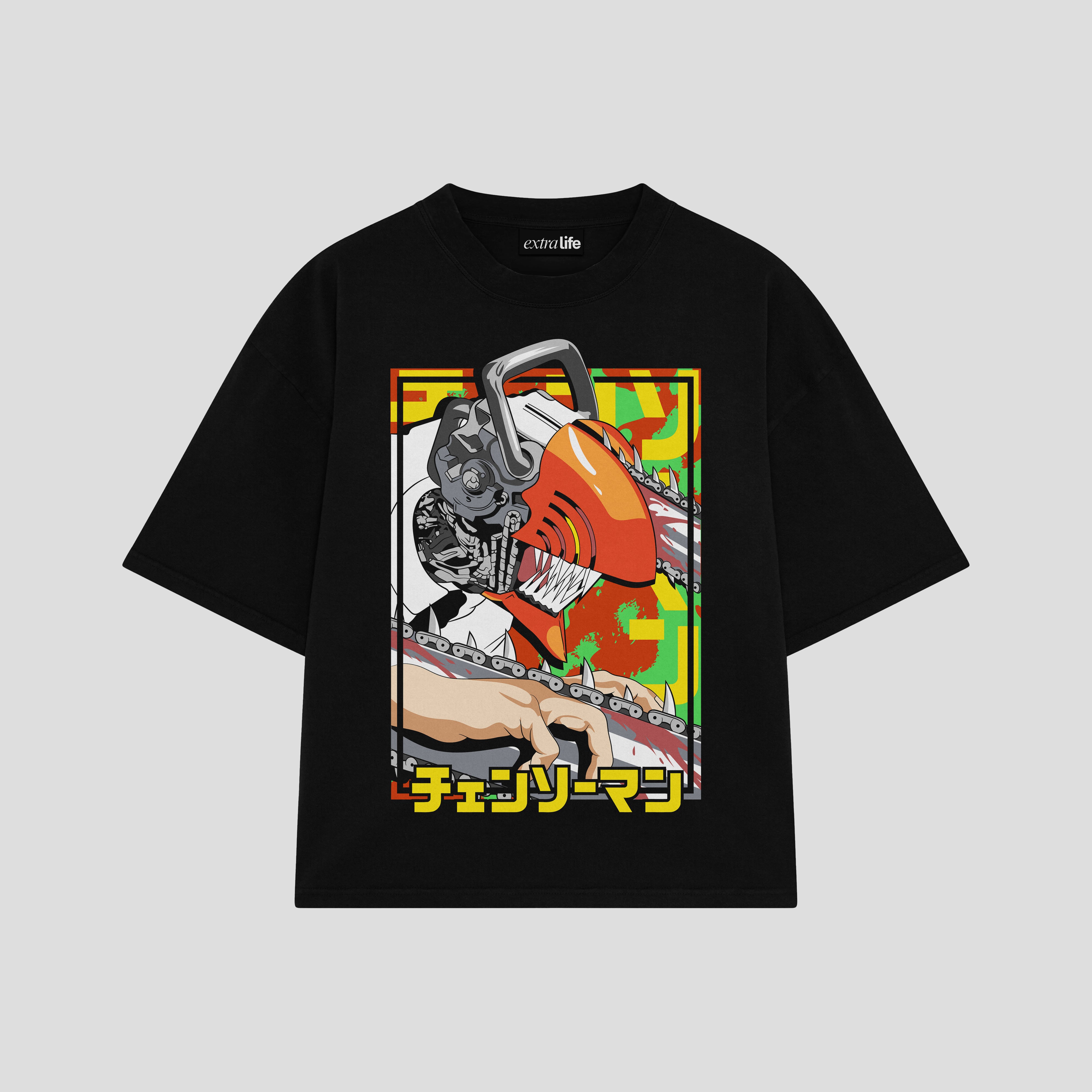Playera streetwear premium de anime y gaming ExtraLife MX, corte boxy oversized drop shoulder heavyweight en color Deep Black y Off-White, moda urbana mexicana de culto.
