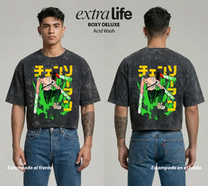 Playera streetwear premium de anime y gaming ExtraLife MX, corte boxy deluxe mineral wash heavyweight en color Acid Wash, moda urbana mexicana de culto.