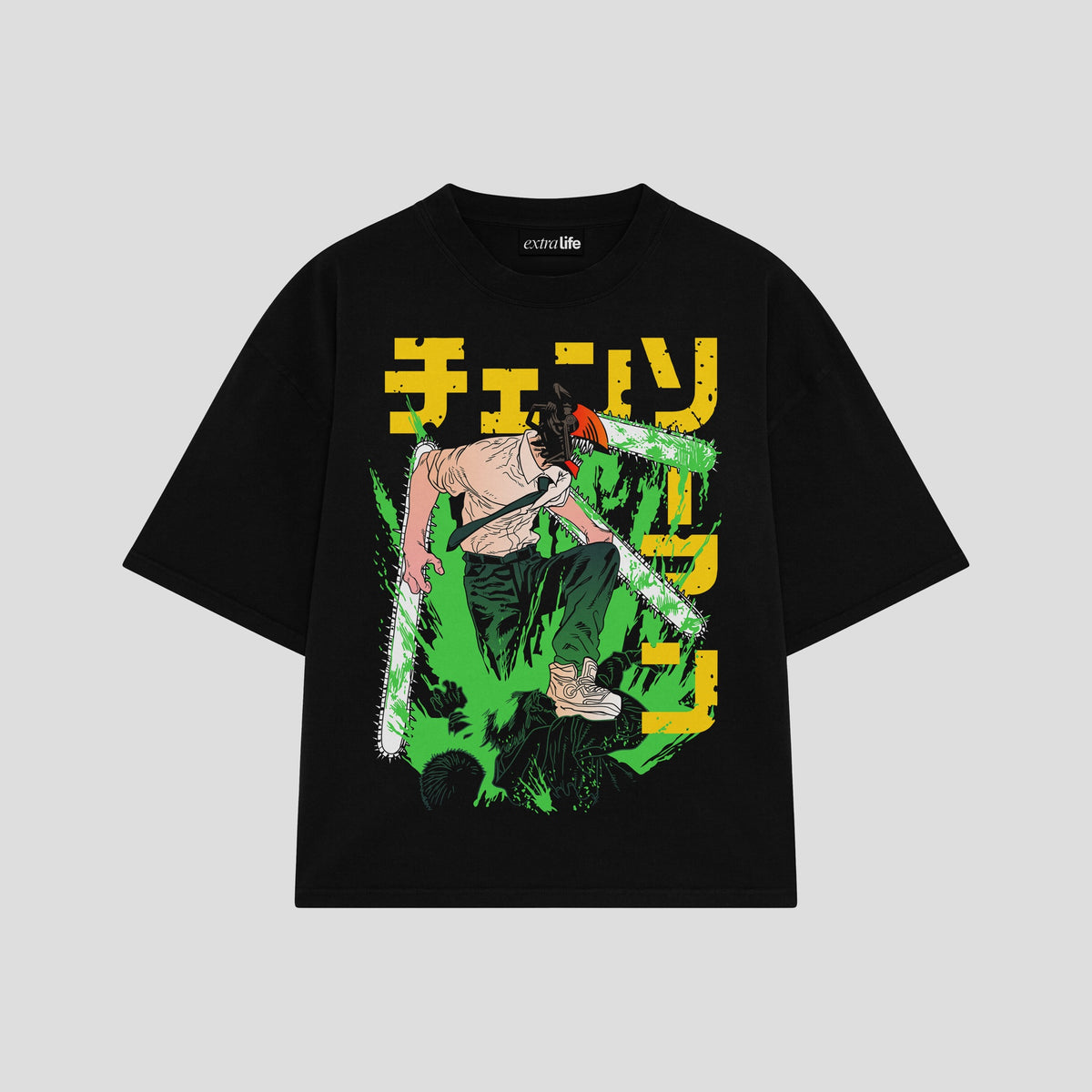 Playera streetwear premium de anime y gaming ExtraLife MX, corte oversized drop shoulder ligero y fresco en color Deep Black y Off-White, moda urbana mexicana de culto.