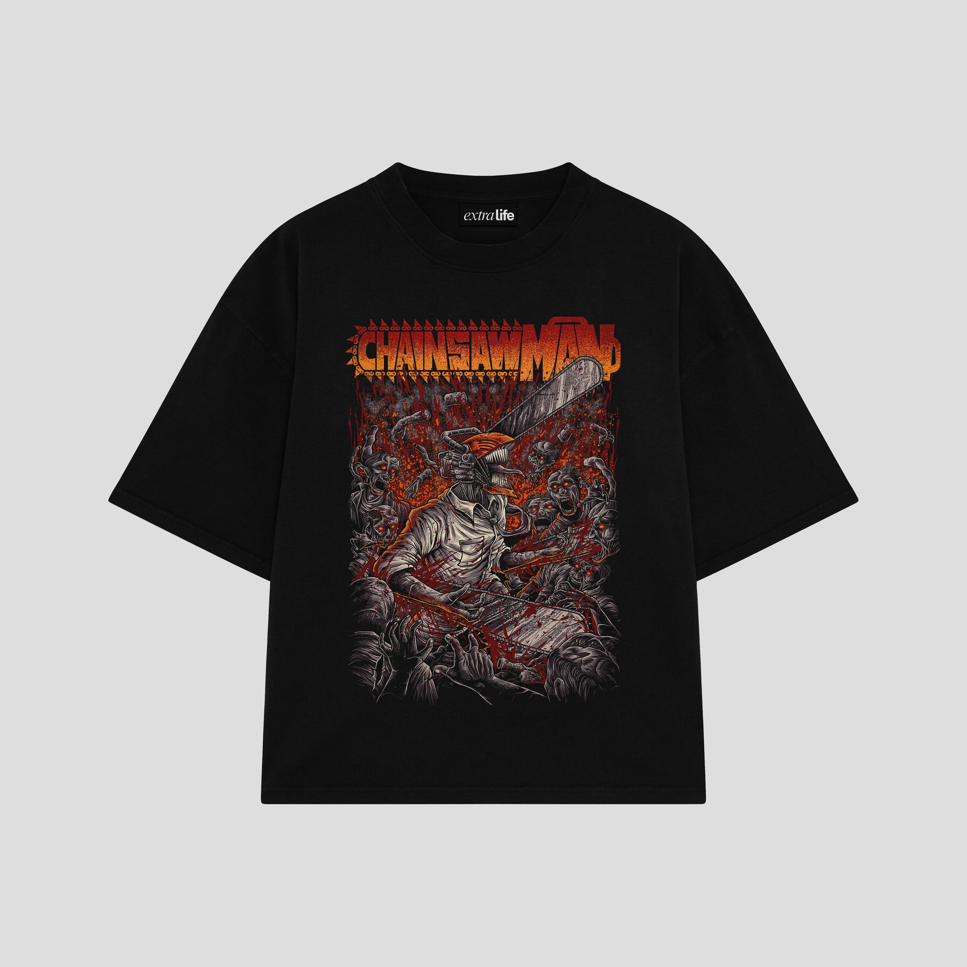Playera streetwear premium de anime y gaming ExtraLife MX, corte boxy oversized drop shoulder heavyweight en color Deep Black y Off-White, moda urbana mexicana de culto.