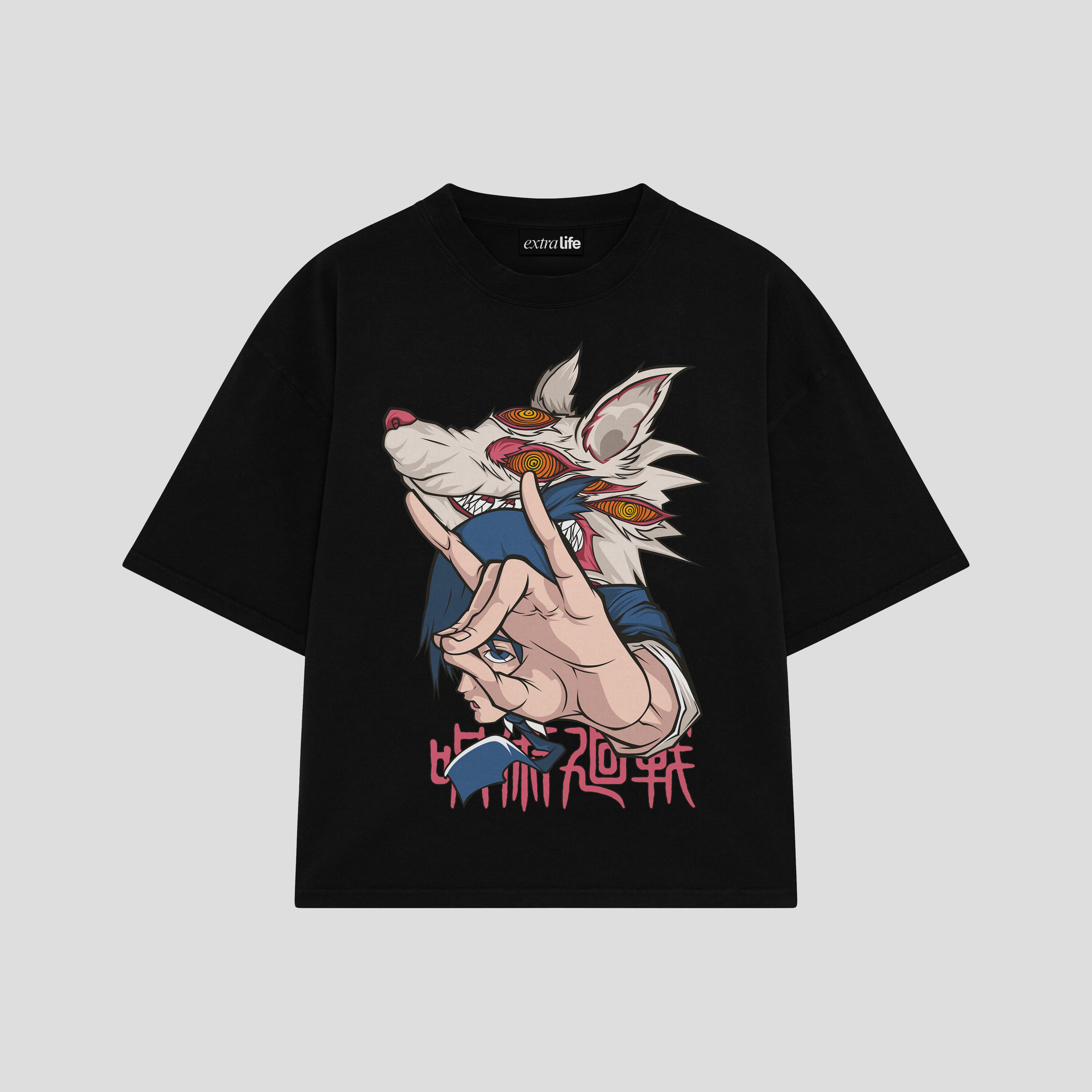Playera streetwear premium de anime y gaming ExtraLife MX, corte boxy oversized drop shoulder heavyweight en color Deep Black y Off-White, moda urbana mexicana de culto.