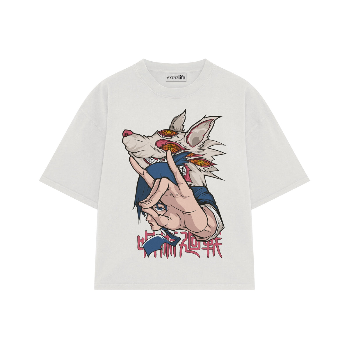 Playera streetwear premium de anime y gaming ExtraLife MX, corte oversized drop shoulder ligero y fresco en color Deep Black y Off-White, moda urbana mexicana de culto.
