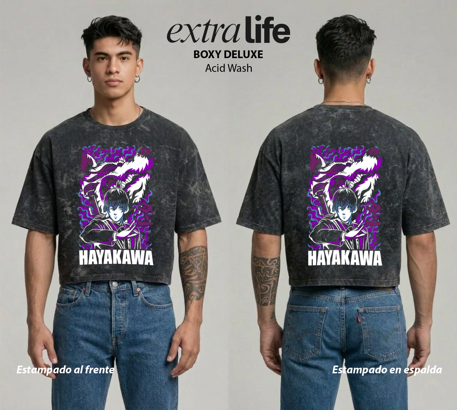 Playera streetwear premium de anime y gaming ExtraLife MX, corte boxy deluxe mineral wash heavyweight en color Acid Wash, moda urbana mexicana de culto.