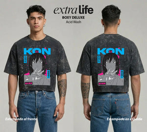 Playera streetwear premium de anime y gaming ExtraLife MX, corte boxy deluxe mineral wash heavyweight en color Acid Wash, moda urbana mexicana de culto.