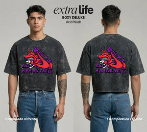 Playera streetwear premium de anime y gaming ExtraLife MX, corte boxy deluxe mineral wash heavyweight en color Acid Wash, moda urbana mexicana de culto.