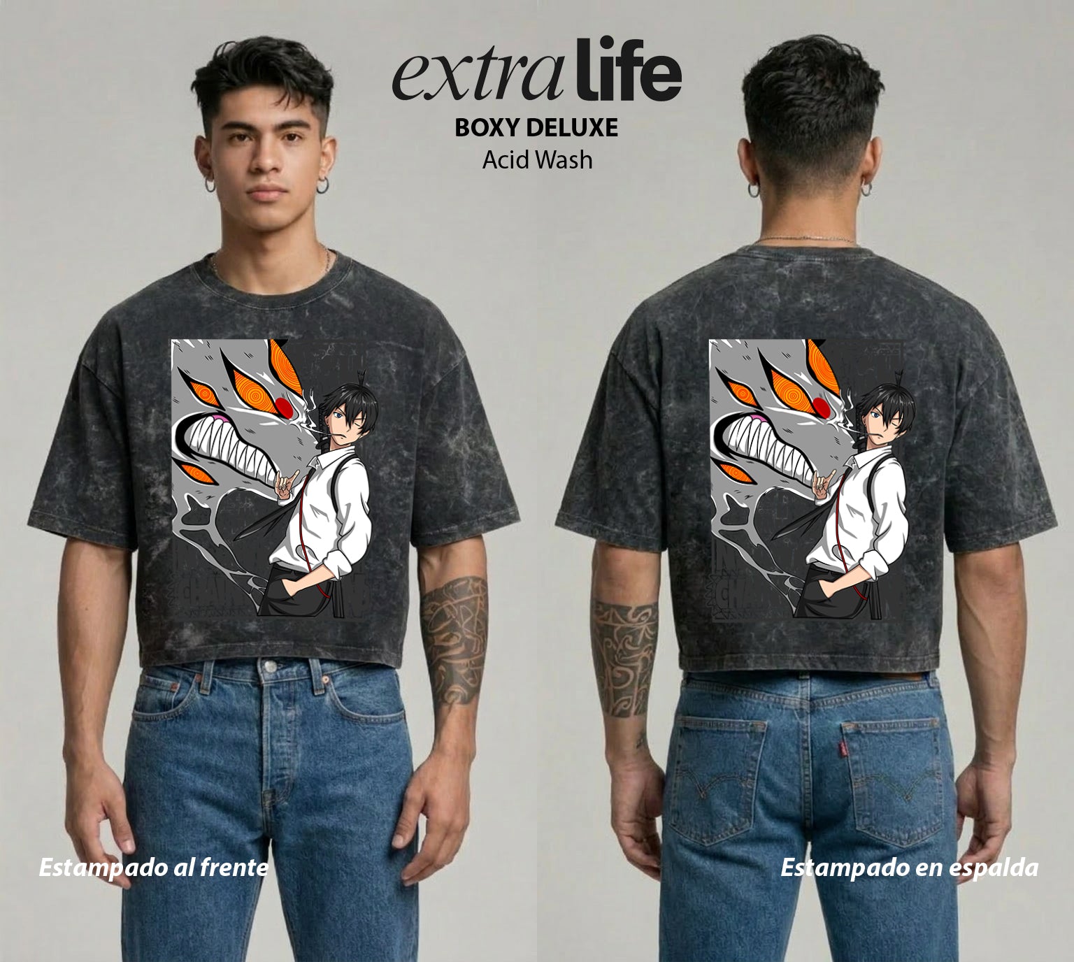 Playera streetwear premium de anime y gaming ExtraLife MX, corte boxy deluxe mineral wash heavyweight en color Acid Wash, moda urbana mexicana de culto.