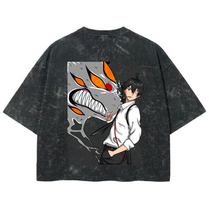 Playera streetwear premium de anime y gaming ExtraLife MX, corte boxy deluxe mineral wash heavyweight en color Acid Wash, moda urbana mexicana de culto.